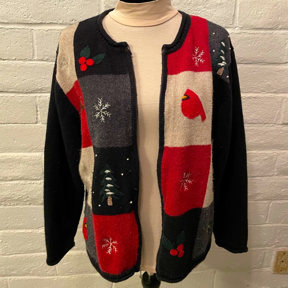 Vintage Croft & Barrow Black and red women’s Holiday Cardigan, size L